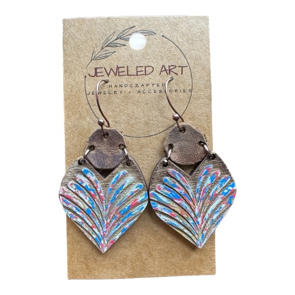 JEWELED ART Hand Painted Firework Wood Earrings Rustic Farmhouse Leather USA - Picture 4 of 4